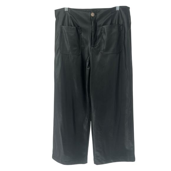 Bagatelle Womens Black Faux Leather High Rise Wide Leg Crop Pants Large - Picture 2 of 9
